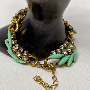 Chain Bracelet Mint Green Marquise Stone Clear Rhinestones In Gold Tone Links